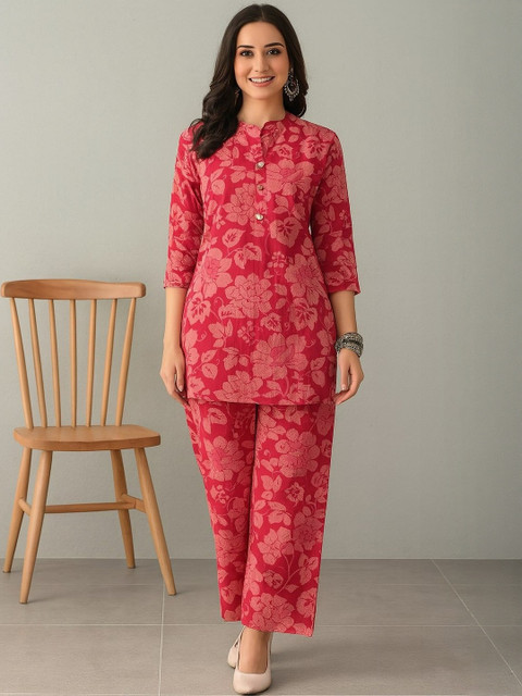 Moda Rapido Women Ethnic Motifs Floral Rayon Blande Kurta ,Trouser Co-Ords