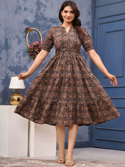 LABEL ADRIJA Women Brown Printed Organic Cotton Fit and Flare Dresses