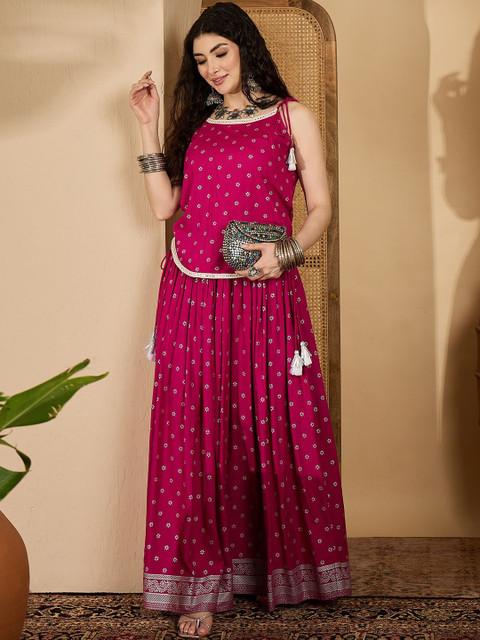 Sangria Women Pink Ethnic Printed Round Neck Rayon Vest Top & Skirt With Dori & Tassels