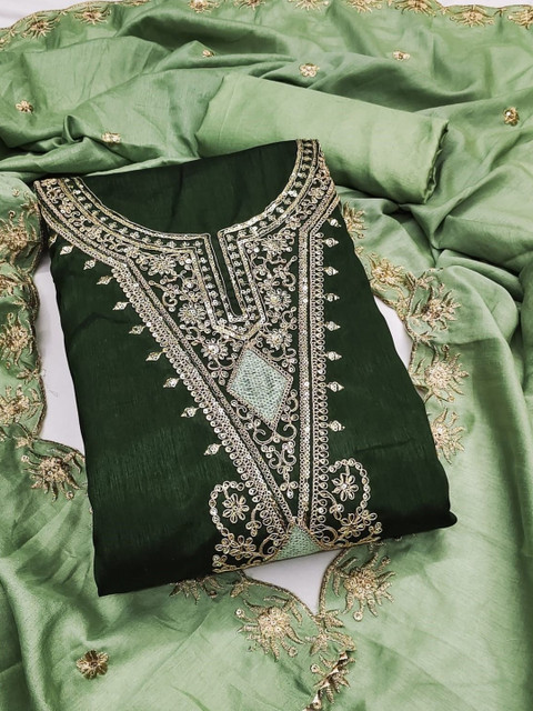 KALINI Women Green Vichitra Silk Codding Work Unstitched Dress Material