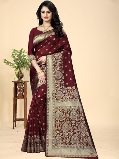 MORDEN MUSE Ethnic Motifs Woven Design Zari Kanjeevaram Saree With Unstiched Blouse Piece