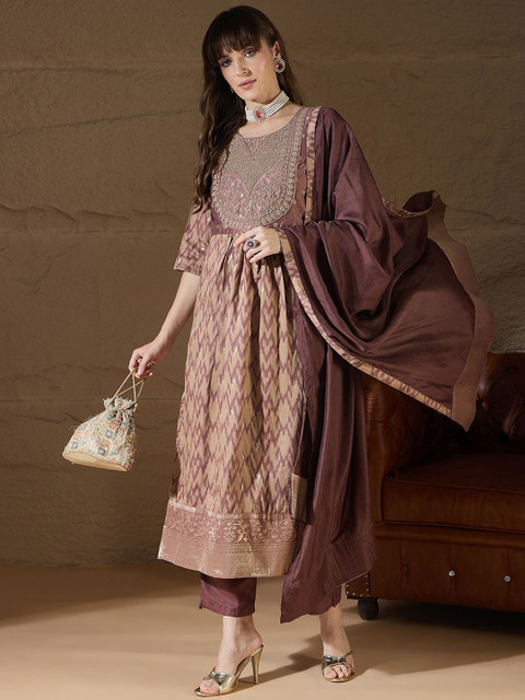 VredeVogel Women Chevron Embroidered Anarkali Kurta with Trousers & Dupatta