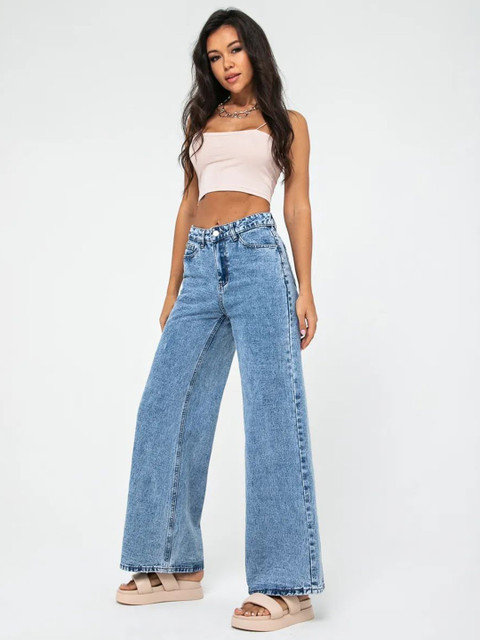 Aadvi Fashion Women Smart Wide Leg High-Rise Low Distress Heavy Fade Stretchable Jeans