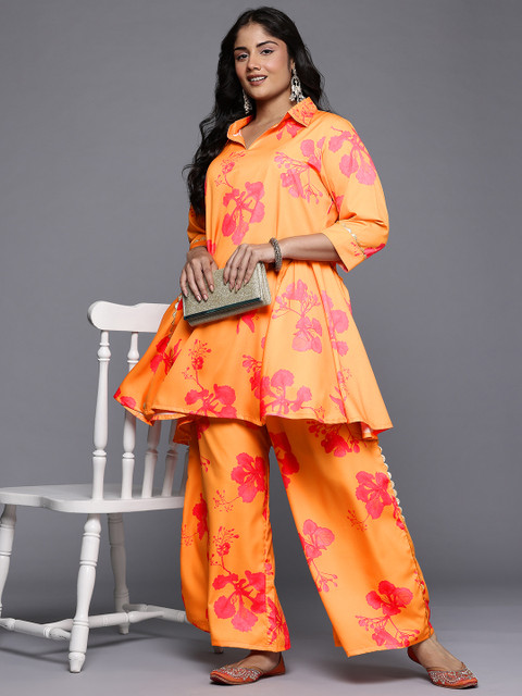 A PLUS BY AHALYAA Floral Printed Lace Inserts Cut-Away Collar Co-Ords