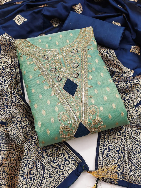 Blue Simmer Silk Jacquard With Embroidery Work Unstitched Dress Material