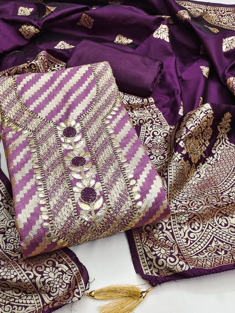 Lavender Banarasi Jacquard With Gota Patti Work Unstitched Dress Material