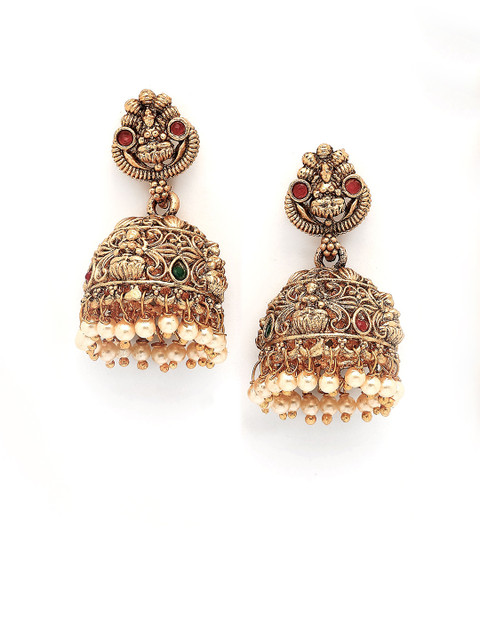 KARATCART Gold-Plated Dome Shaped Stones Studded Temple Jhumkas Earrings - Image 2