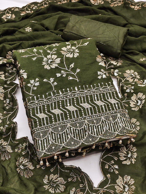 Green Vichitra Silk Embroidery Work Unstitched Dress Material