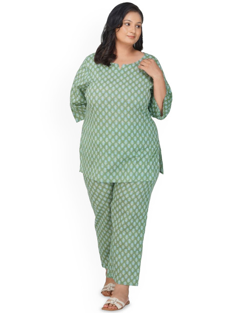 30 Looks Women Plus Size Pure-Cotton Printed Tunic With Trouser Co-Ords