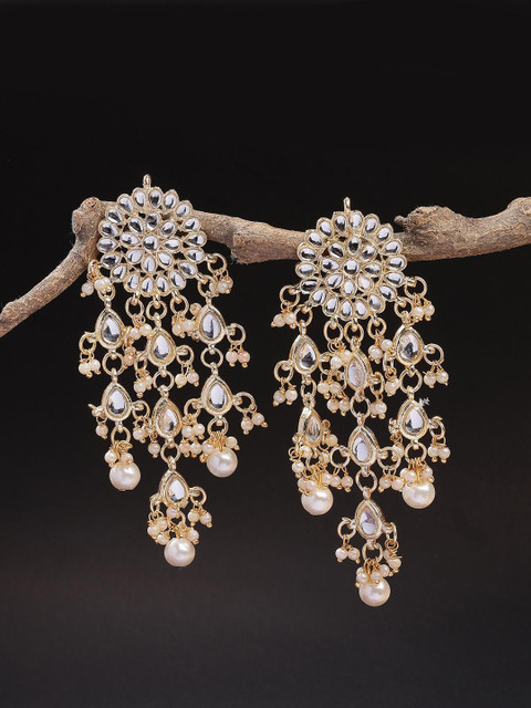 Sukkhi Gold Plated Chandelier Kundan Studded & Pearls Beaded Floral Shaped Drop Earrings