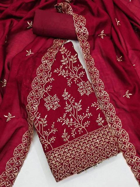 Maroon Sequins and Thread Embroidery Unstitched Vichitra Silk Dress Material