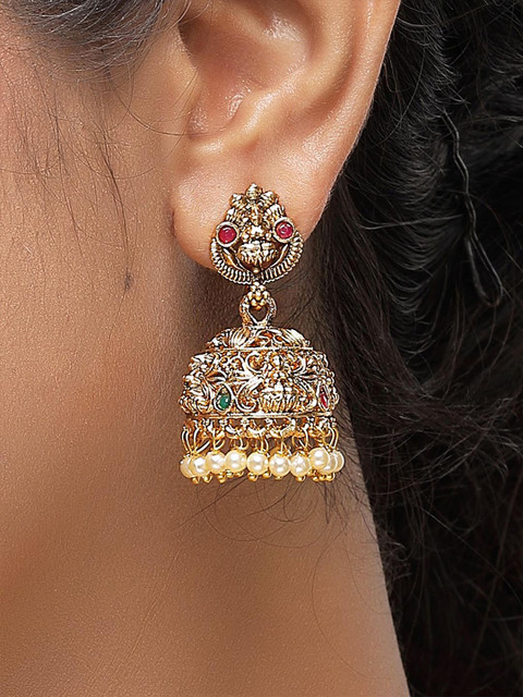KARATCART Gold-Plated Dome Shaped Stones Studded Temple Jhumkas Earrings - Image 5