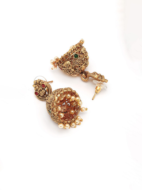 KARATCART Gold-Plated Dome Shaped Stones Studded Temple Jhumkas Earrings - Image 3