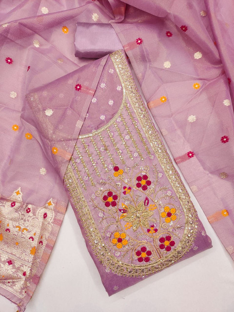 LeeliPeeri Designer Floral Embroidered Sequinned Silk Jacquard Unstitched Dress Material