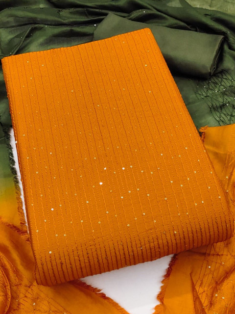 Orange Soft Chanderi Sequence Embroidery Work Unstitched Dress Material