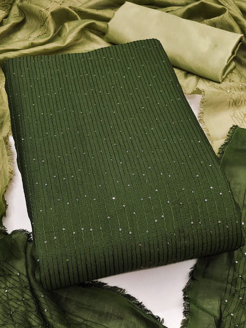 Green Soft Chanderi Sequence Embroidery Work Unstitched Dress Material