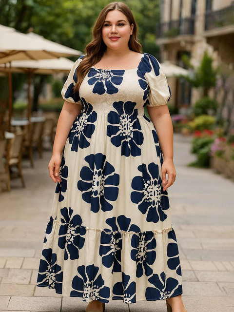 U&F Beyond Floral Print Plus Size Puff Sleeve Crepe Maxi Dress