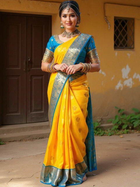 VILLE FASHION Women Yellow Sarees