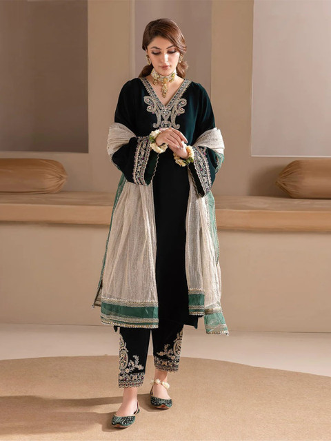 WAZIX Clothing Floral Embroidered V Neck Zari Velvet Kurta With Trousers & Dupatta