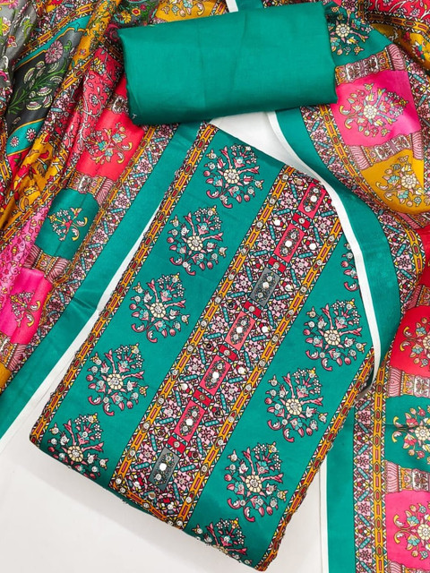 Teal Franch Crepe Printed Mirror Work Unstitched Dress Material