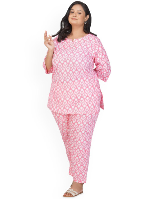 30 Looks Plus Size Printed Round Neck Pure Cotton Tunic With Trousers Co-Ords