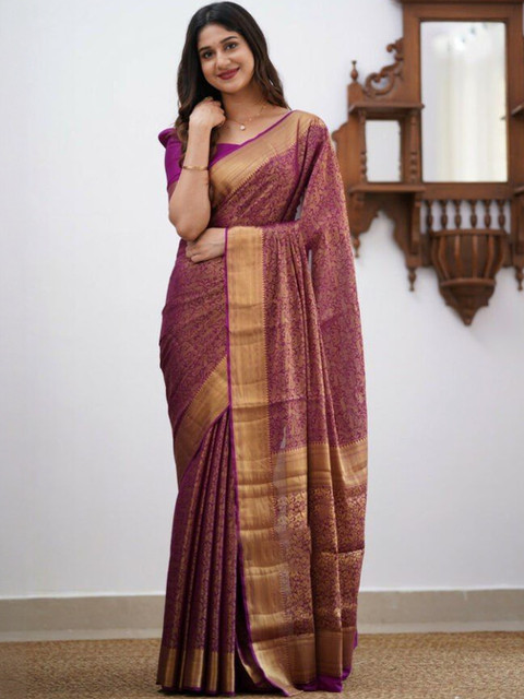 BlueRang Floral Woven Design Zari Jacquard Silk Banarasi Saree