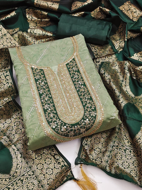 Green Chanderi Printed With Codding Work Unstitched Dress Material