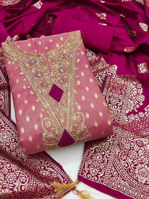 Pink Simmer Silk Jacquard With Embroidery Work Unstitched Dress Material