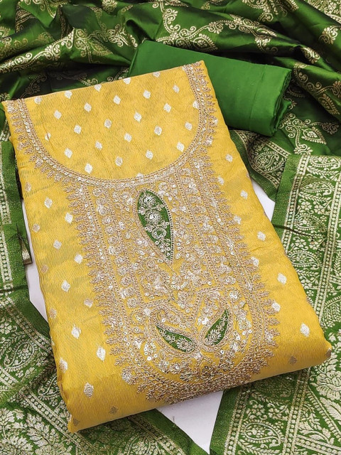 Yellow Simmer Silk Jacquard With Codding Work Unstitched Dress Material