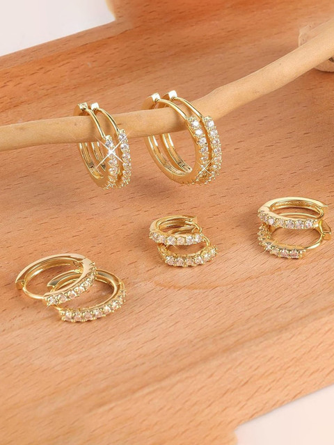 VAMA Set Of 4 Stainless Steel Gold-Plated Crystals Studded Circular Hoop Earrings