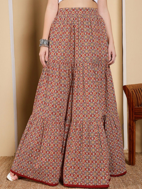 FIORRA Floral Printed Cotton Maxi Flared Skirt