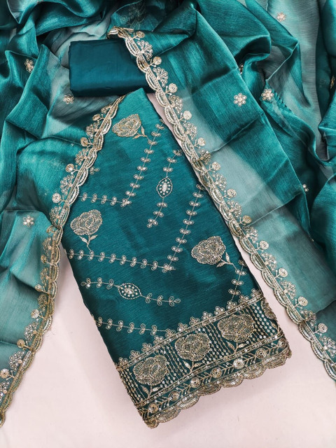 Blue Barbari Silk Embroidery Work Unstitched Dress Material - Image 2