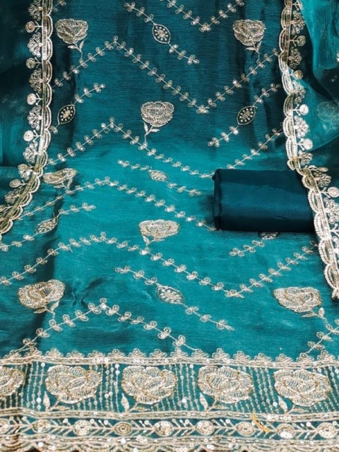 Blue Barbari Silk Embroidery Work Unstitched Dress Material - Image 4