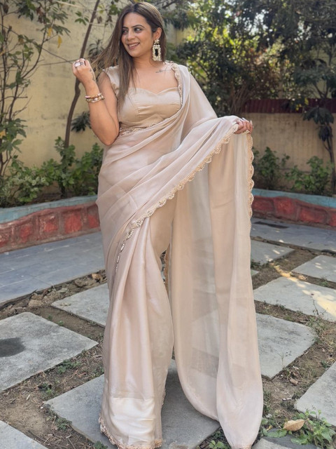 Peach Petals Beads and Stones Embellished Border Saree