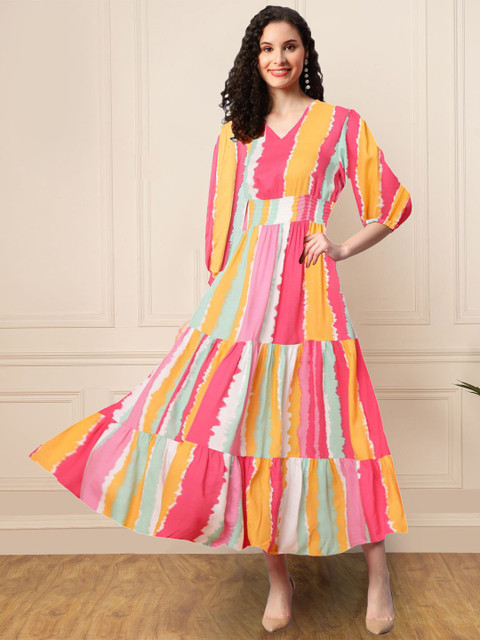 Femvy Women Abstract Printed Puff Sleeve Crepe Maxi Dress