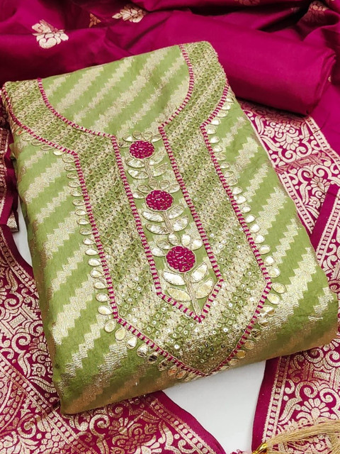 Green Banarasi Jacquard With Gota Patti Work Unstitched Dress Material