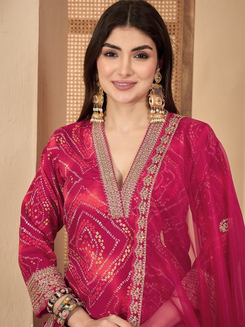 Sangria Bandhani Printed V-Neck Zari Straight Kurta With Trousers & Dupatta - Image 2