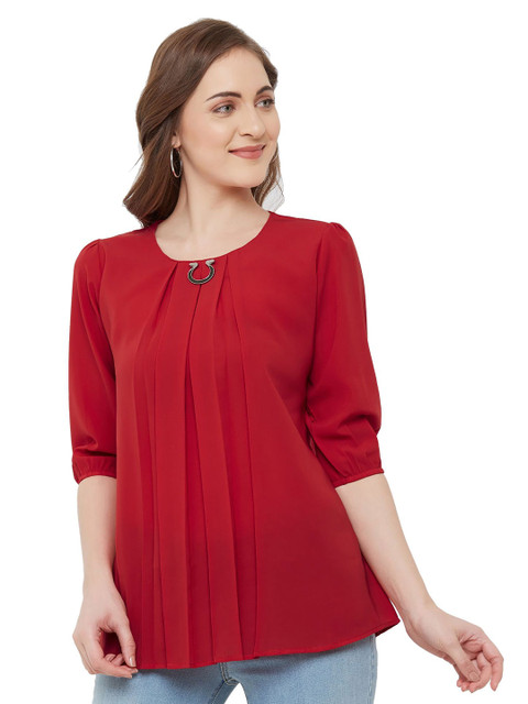 G0-4 IT Women Solid Puff Sleeve Regular Synthetic Chiffon Top