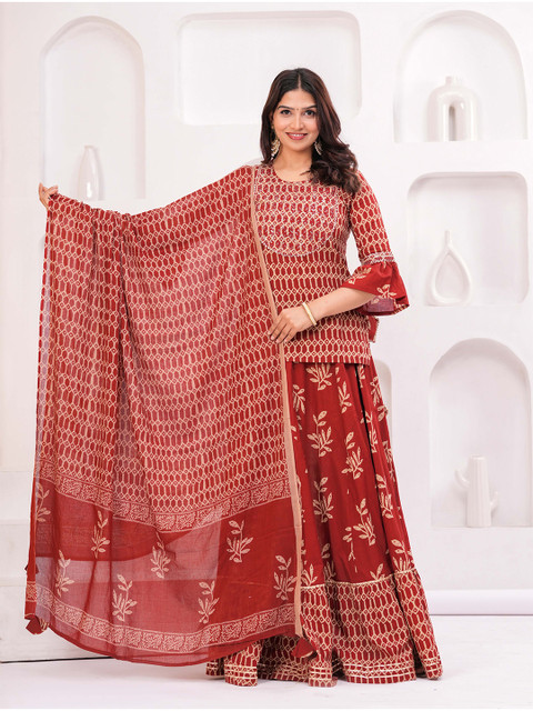 KALINI Women Ethnic Motifs Printed Cotton A-Line Kurti with Skirt & Dupatta