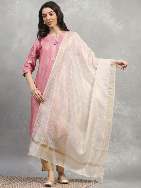 Rangriti Striped Zari Embellished Tasselled Dupatta