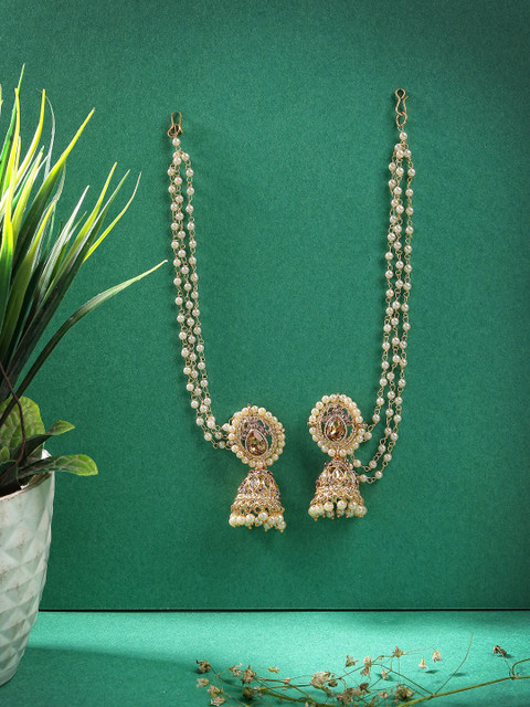 Sukkhi Gold-Plated Kundan Studded & Pearls Beaded Dome Jhumkas With Ear Chains