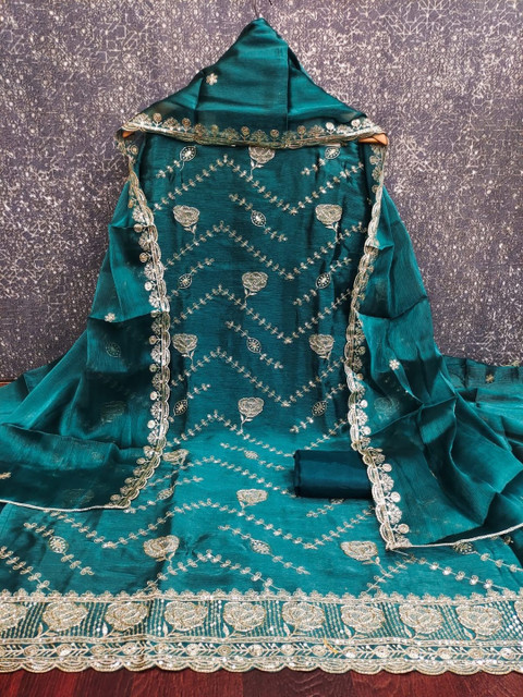 Blue Barbari Silk Embroidery Work Unstitched Dress Material - Image 3