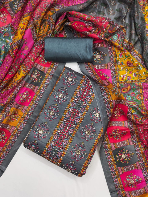 Grey Franch Crepe Printed Mirror Work Unstitched Dress Material