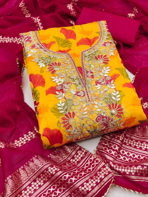 Yellow Soft Chanderi Sequence Embroidery Work Unstitched Dress Material