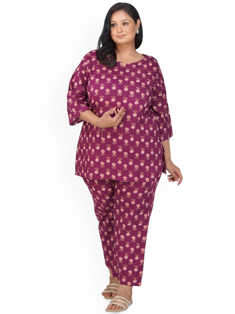 30 Looks Plus Size Printed Notch Neck Pure Cotton Tunic With Trousers Co-Ords