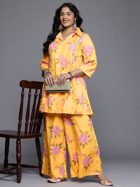 A PLUS BY AHALYAA Floral Printed Lace Inserts Cut-Away Collar Co-Ords