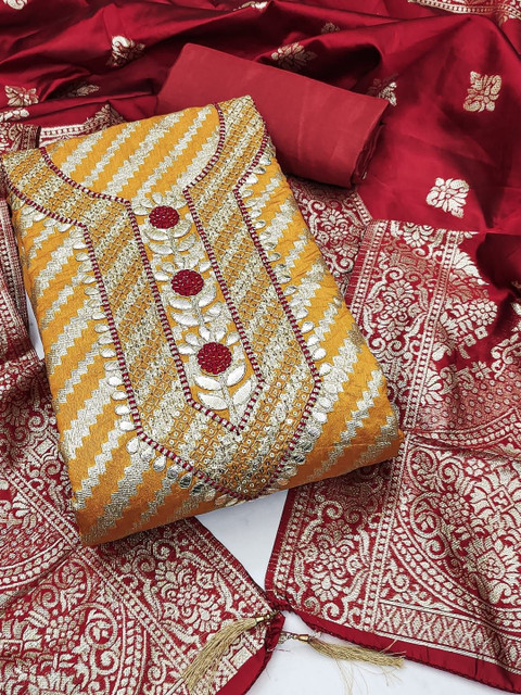 Mustard Banarasi Jacquard With Gota Patti Work Unstitched Dress Material