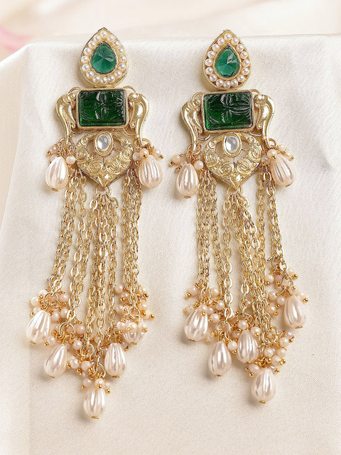 KARATCART Gold-Plated Contemporary Stone and Pearl Studded Tasselled Drop Earrings