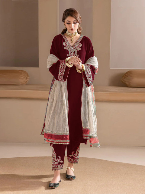 WAZIX Clothing Floral Embroidered Velvet V-Neck A-Line Kurta with Trousers & Dupatta