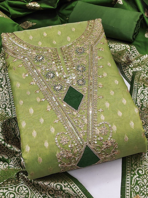 Green Simmer Silk Jacquard With Embroidery Work Unstitched Dress Material